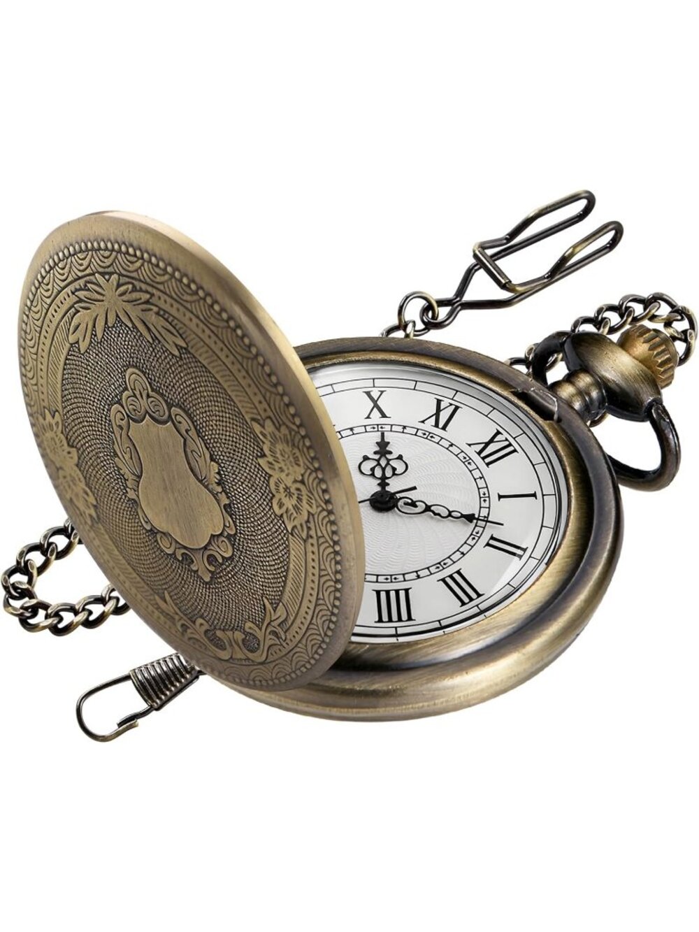 Men's Brown And White Analog Quartz Flower Arabic Numerals Movement Pocket Watch